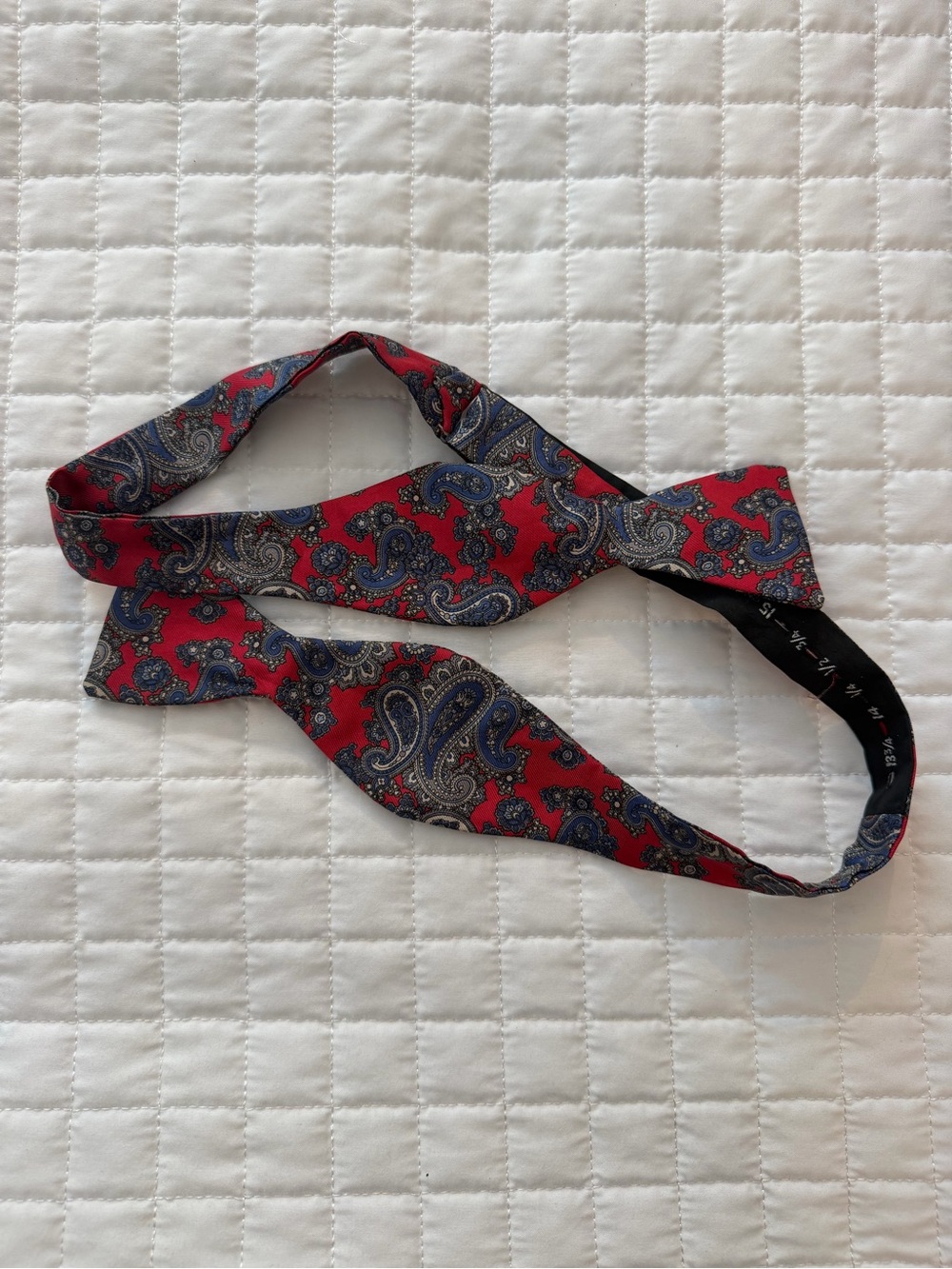 Red and blue paisley silk bow tie